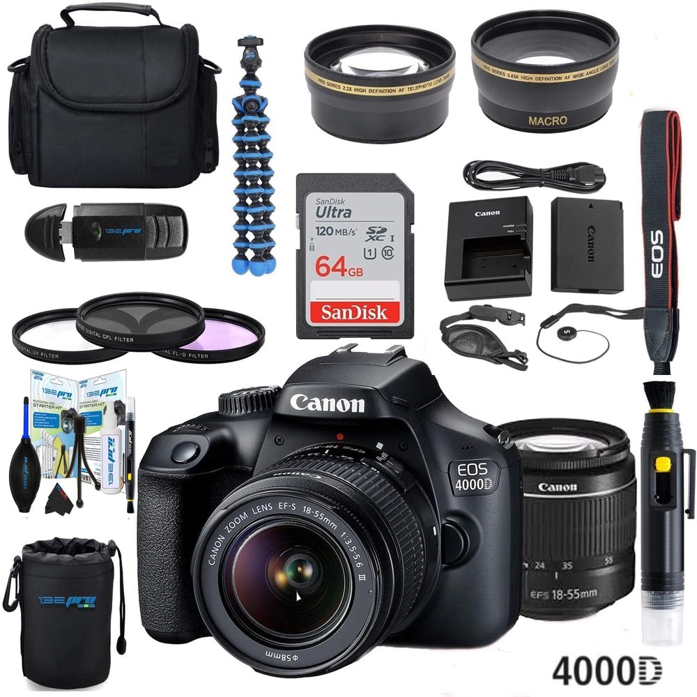 Canon EOS 4000D (Rebel T100) Digital SLR Camera w/EF-S 18-55mm Zoom Lens + PixiBytes Accessory Bundle - (International Version)... (Renewed)