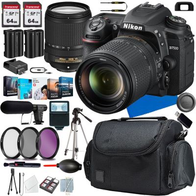 Nikon D7500 DSLR Camera with 18-140mm Lens+Shot-Gun Microphone+Photo Software Package+ Case+128 GIG Memory+Slave Flash+Tripod(13PC) Bundle (Renewed)