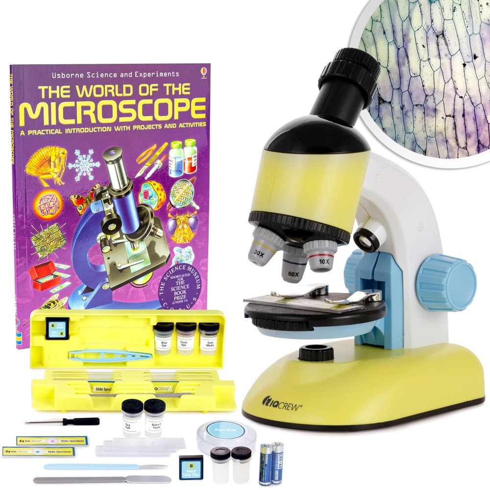 AmScope IQCREW - 100X-1200X Compound Starter Microscope Kit w/Dual LED Illuminators, Disc Condenser, Carrying Case/Mobile Lab, Microscope Book, and Accessory Kit for Ages 8+ | M44-KT-WM