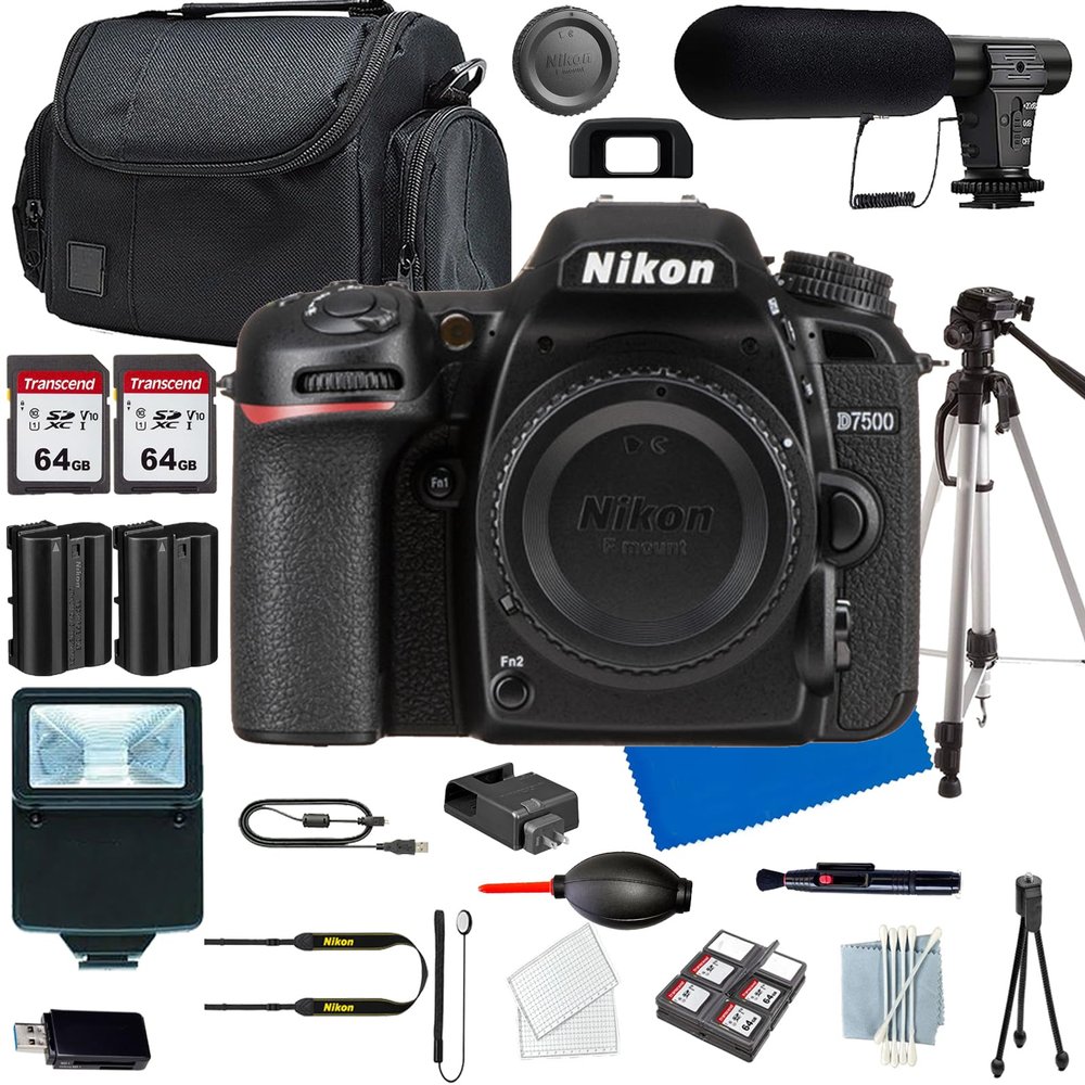 Nikon D7500 DSLR Camera Body+Shot-Gun Microphone+Photo Software Package+ Case+128 GIG Memory+Slave Flash+Tripod(13PC) Bundle (Renewed)