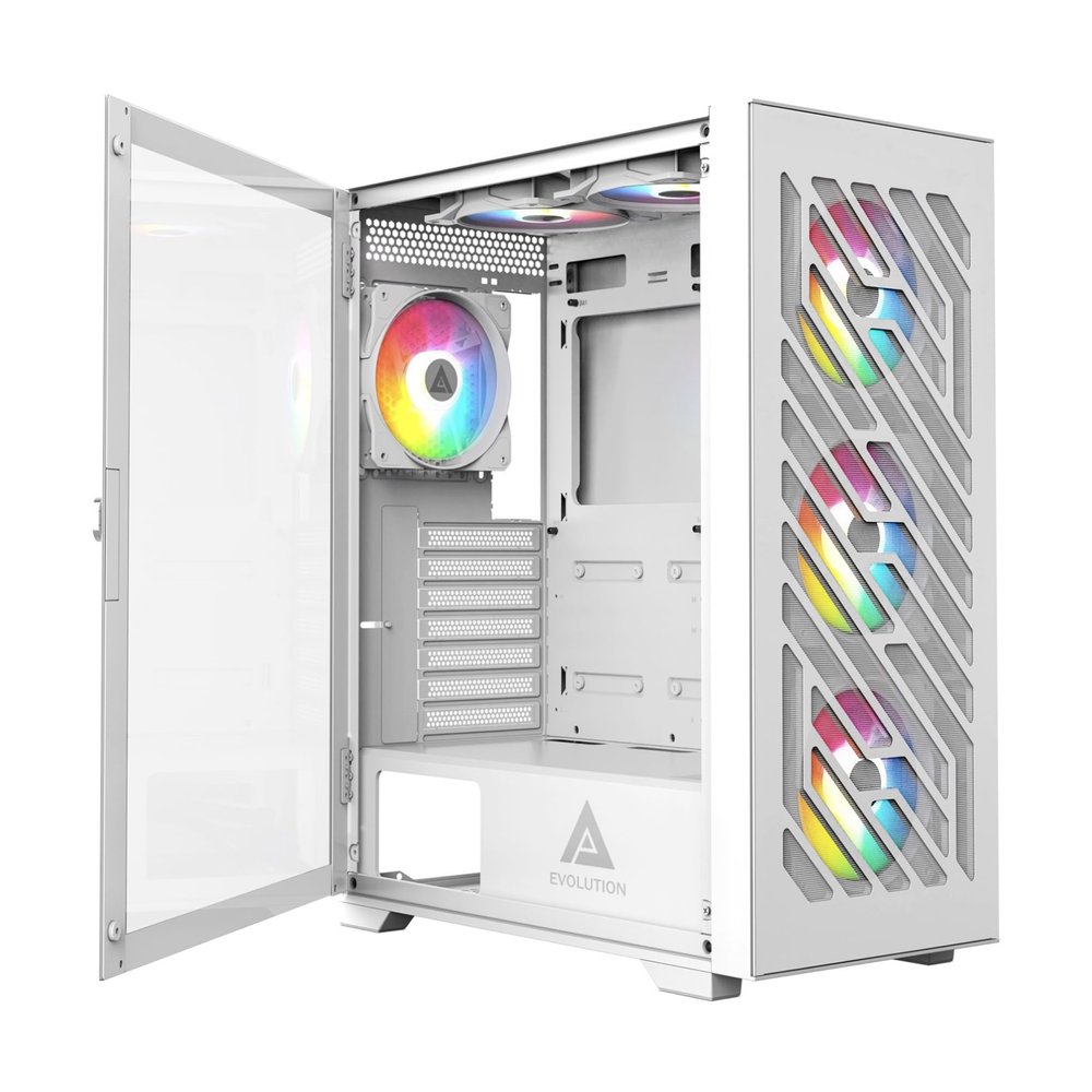 Apevia EVOLUTION-WH Evolution Mid Tower Gaming PC Case w/ 6x 120mm PWM ARGB Fans, 366 RGB Light Modes, 1x Metal Plate Mesh Front Panel, 1x Door Swivel Style Magnetic Glass Side Panel, 2x USB3.0, White