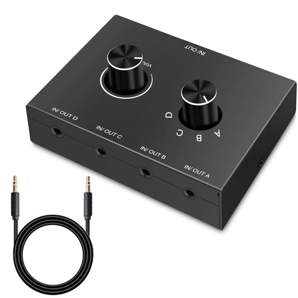 DAGIJIRD 4 Way 3.5mm Stereo Audio Switch Manual Selector Splitter Box Bi-Directional Audio Switch (4 in 1 Out / 4 in 1 Out)