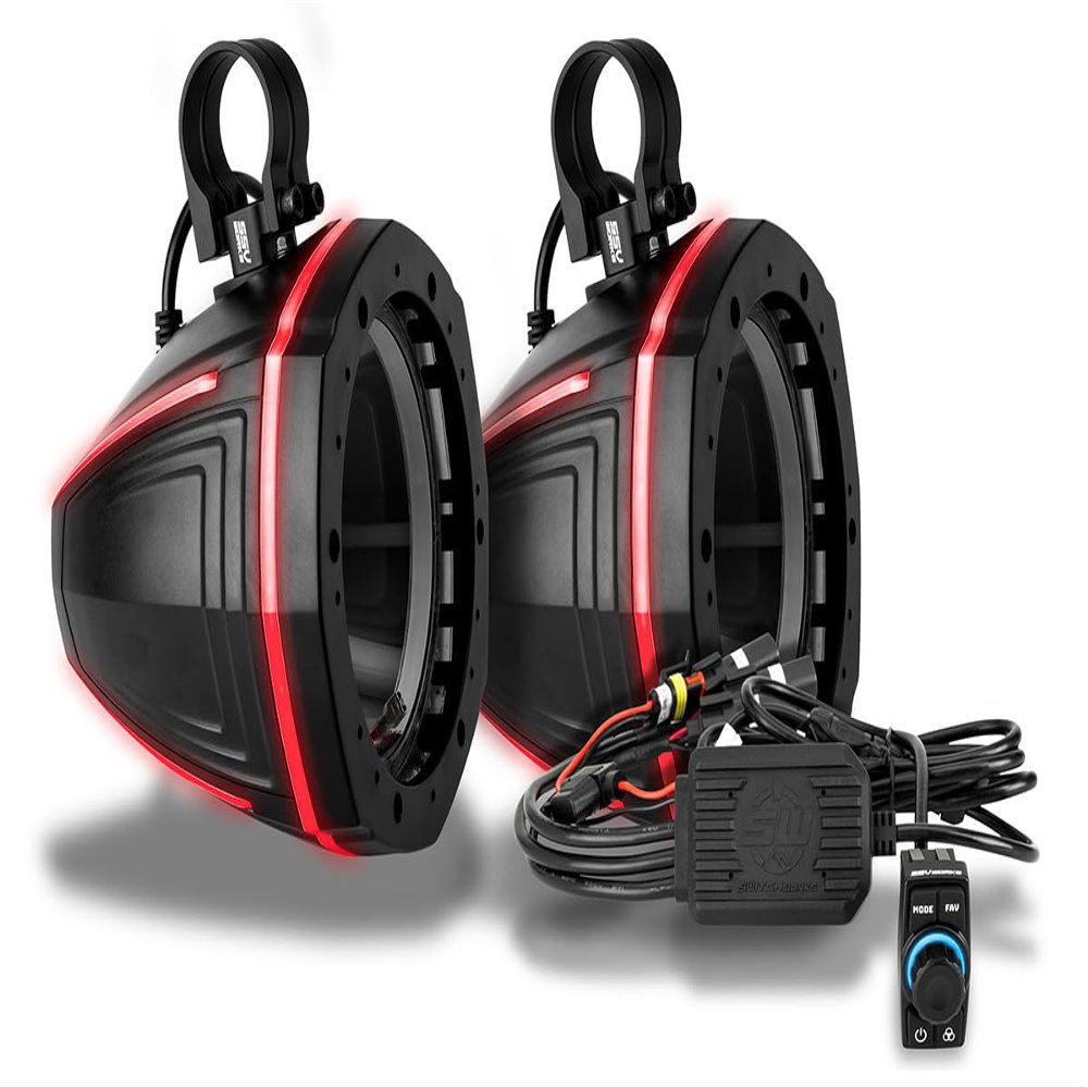 SSV Works LIT-C65U RGB Rocker Switch Controller w/Unloaded V-Series RGB Lighted Speaker pod Enclosures w/ 1.75", 1.85" & 2" Dual Clamps and Plug & Play Harnesses (Speakers NOT Included)