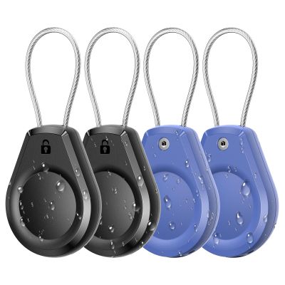 Waterproof AirTag Keychain Holder - (4 Pack) Air tag Lock Case with Wire Cable Compatible with Apple AirTags, Ultra Durable Anti-Lost Protective Case with Keyring for Luggage, Backpack, Black/Blue