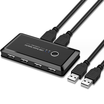 RUNAAJA USB 2.0 Switch KVM USB Switcher 2 Computers Share 4 USB Port Selector Box for Keyboard, Mouse, Printer, U-Disk, Drives, One-Button Swapping with 2 USB A Cable Compatible with Mac/Windows/Linux