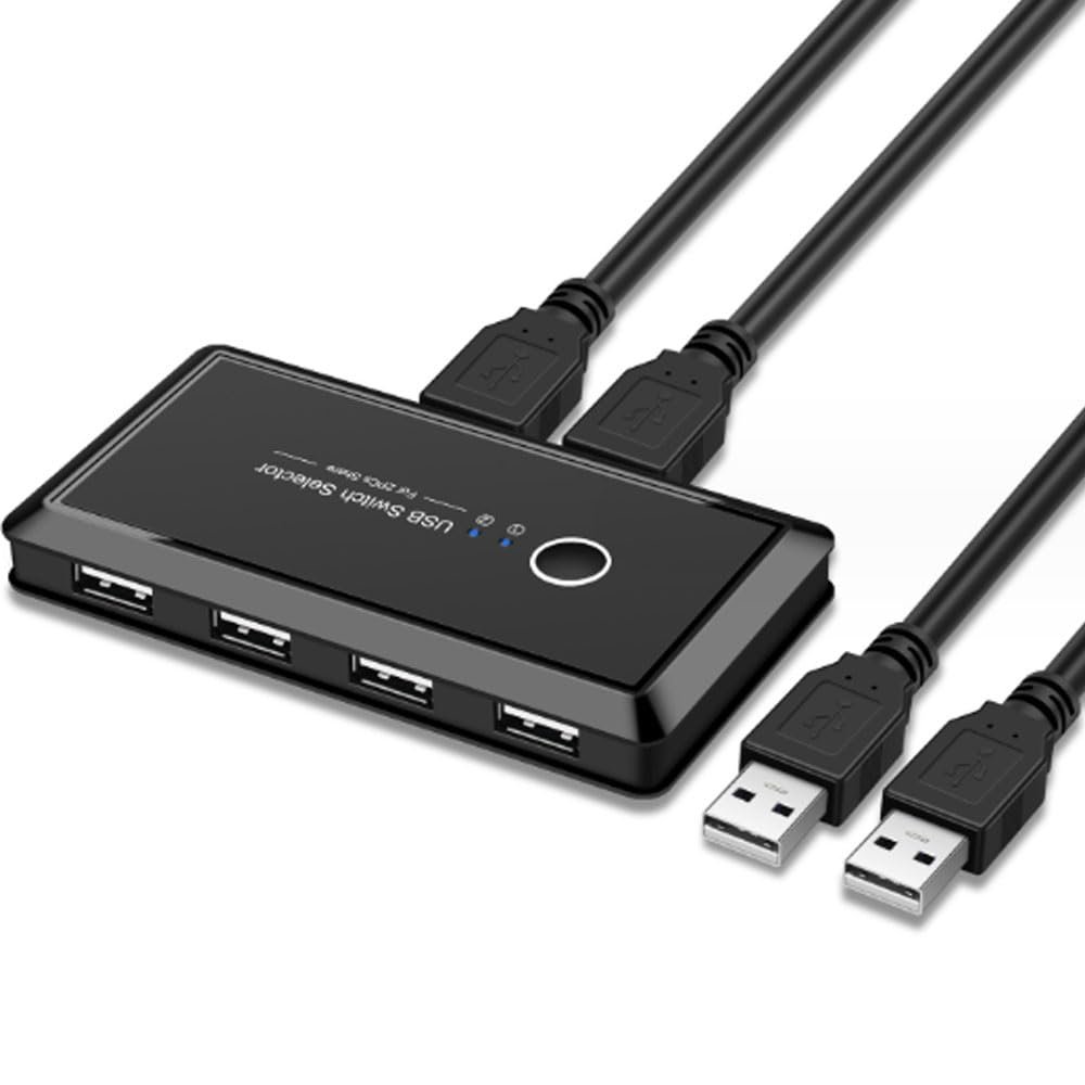 RUNAAJA USB 2.0 Switch KVM USB Switcher 2 Computers Share 4 USB Port Selector Box for Keyboard, Mouse, Printer, U-Disk, Drives, One-Button Swapping with 2 USB A Cable Compatible with Mac/Windows/Linux