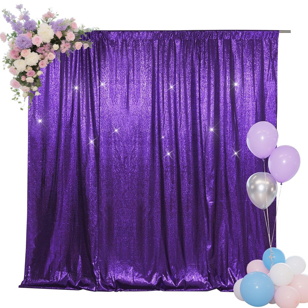 SquarePie Sequin Backdrop Less Transparent Background Sparkly Curtain for Wedding Halloween Party 8FT x 8FT Purple