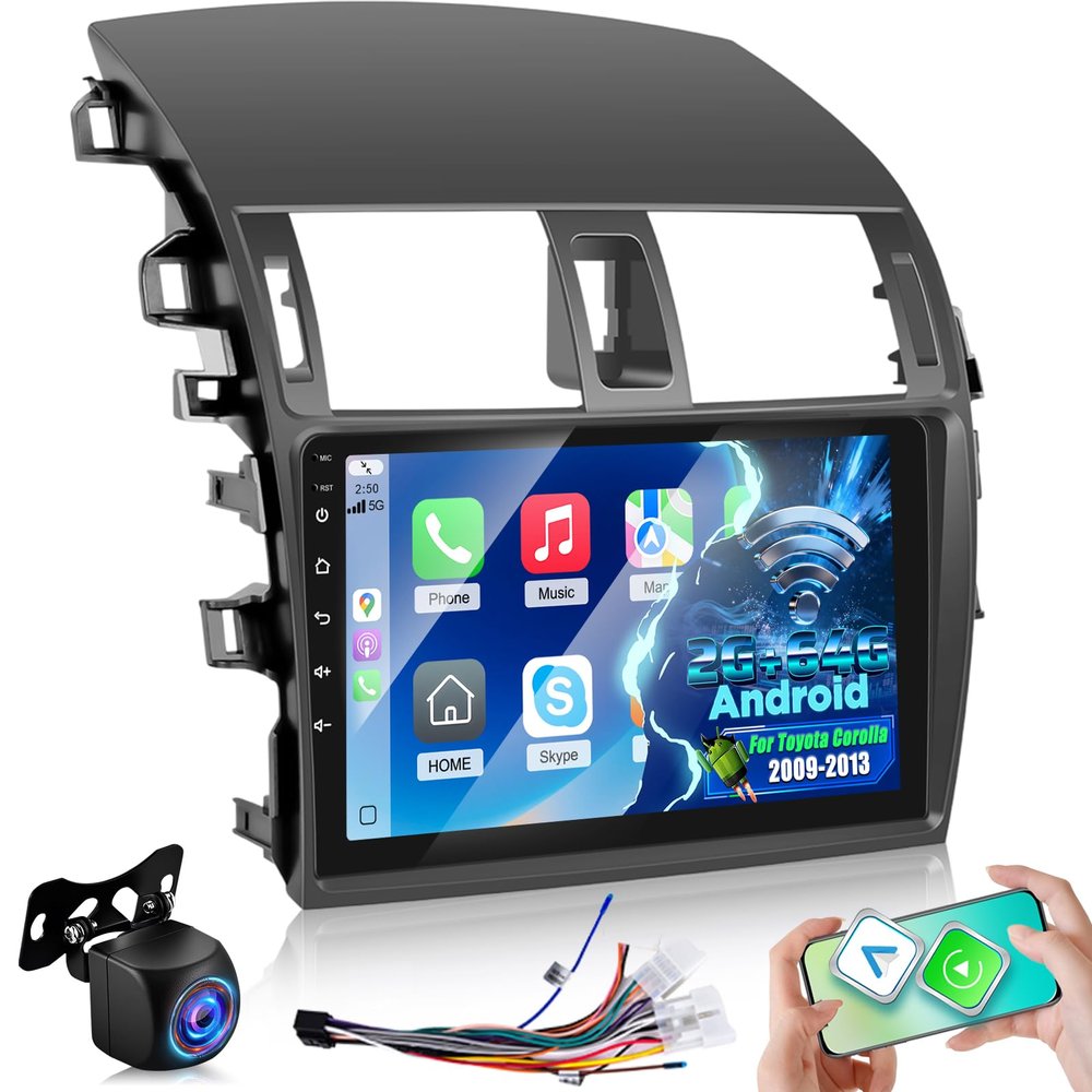[2+64G] Android Car Stereo for Toyota Corolla 2009-2013 with Wireless Carplay and Android Auto, 9 Inch 2.5D Touchscreen Corolla Radio with EQ Sound/GPS/WiFi/SWC + AHD Backup Camera + Mic