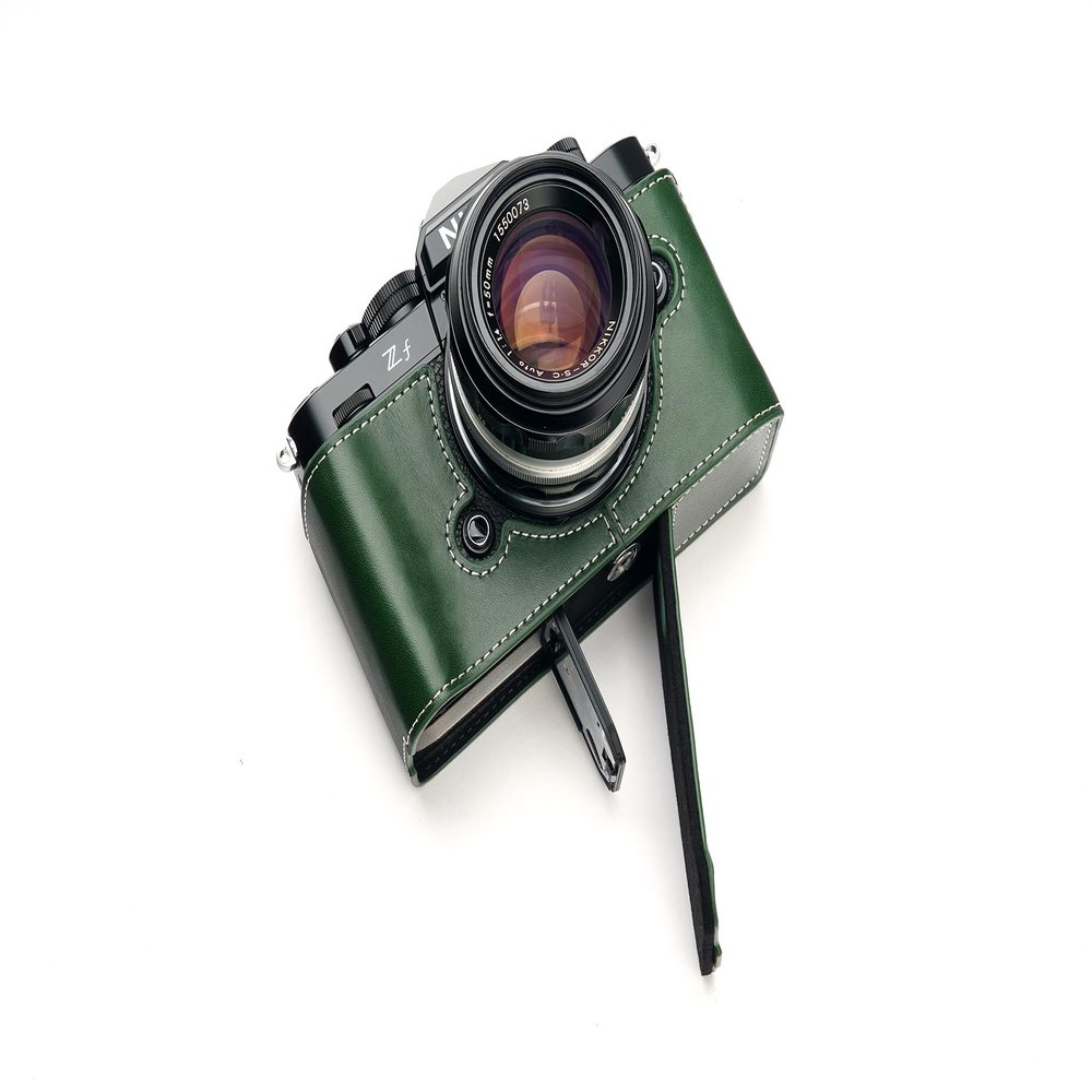 Handmade Genuine Real Leather Half Camera Case Bag Cover for Nikon Z f Nikon Zf Green Color