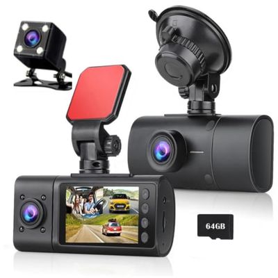 3 Channel Dash Cam Front and Rear Inside,Dash Cam pro 2025,Interior Car Camera,2.5K Single Front,Dash Camera for Cars with IR Night Vision,24Hr Parking Monitor 1S Recording,Free 64G Card