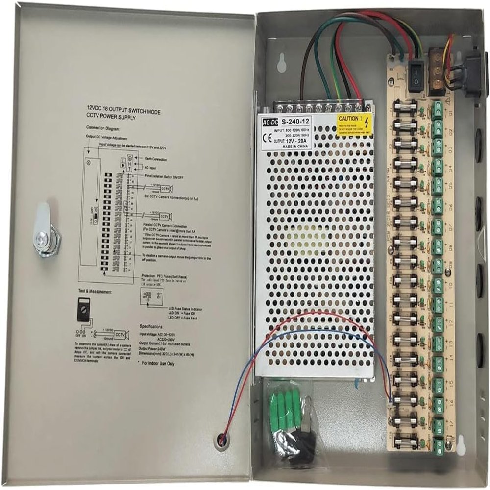 Yuarisx DC 12V 20 Amp 18 Channel/Port Power Supply Box Distribution for Security Cameras, IP CCTV DVR Surveillance System