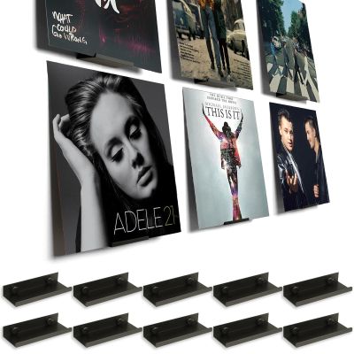 BiJun 10 Pack Vinyl Record Shelf Wall Mount, Metal Vinyl Holder Wall Mounted Minimalist Album Record Holder Display Your Daily LP Listening, CD, Comic Book in Store, Office and Home (Black)