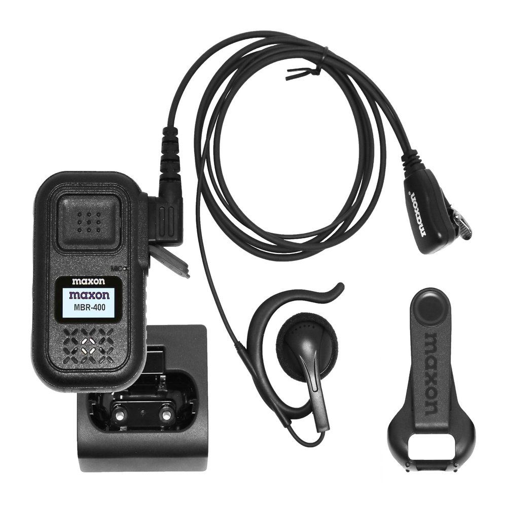 Maxon MBR-400 Digital Business Pocket Radio | Clear Digital Audio, 18hr Talk Time, 16 Channels, Vibrate, AES Encryption. w/Earpiece, Desk Charger, Swivel Holster, 2yr Warranty, Restaurants, Stores