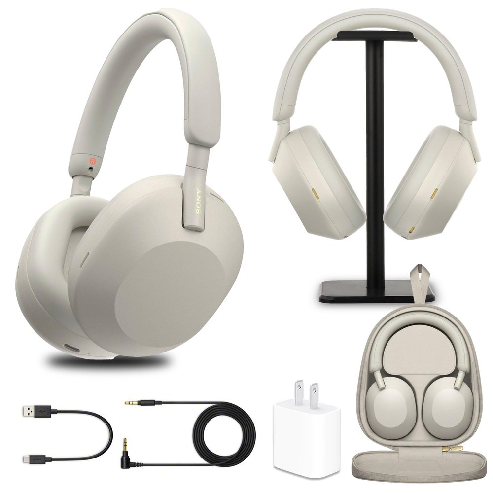 Sony WH-1000XM5 Wireless Noise Canceling Headphones with Auto Noise Canceling Optimizer, Crystal Clear Hands-Free Calling, and Voice Control, Silver (WH1000XM5/S) + Headphone Stand + USB Adapter
