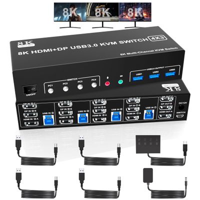 8K@60Hz 2 Displayport +HDMI USB3.0 KVM Switch 3 Monitors 4 Computers, 2 DP 1.4 +HDMI 2.1 Triple Monitor KVM Switch with Audio Microphone +3 USB3.0 Ports, Triple Monitor Keyboard Mouse Switcher