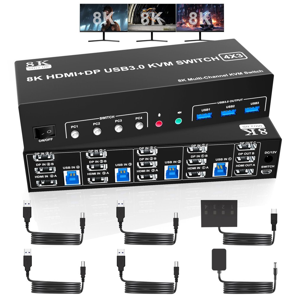 8K@60Hz 2 Displayport +HDMI USB3.0 KVM Switch 3 Monitors 4 Computers, 2 DP 1.4 +HDMI 2.1 Triple Monitor KVM Switch with Audio Microphone +3 USB3.0 Ports, Triple Monitor Keyboard Mouse Switcher