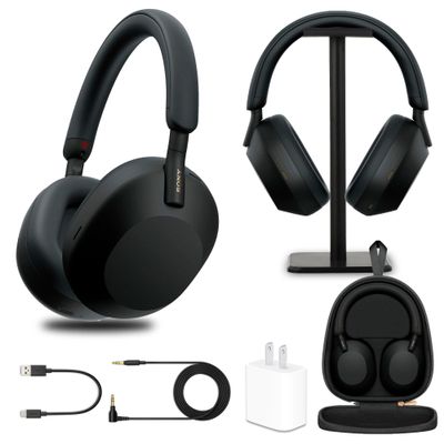 Sony WH-1000XM5 Wireless Noise Canceling Headphones with Auto Noise Canceling Optimizer, Crystal Clear Hands-Free Calling, and Voice Control, Black (WH1000XM5/B) + Headphone Stand + USB Adapter
