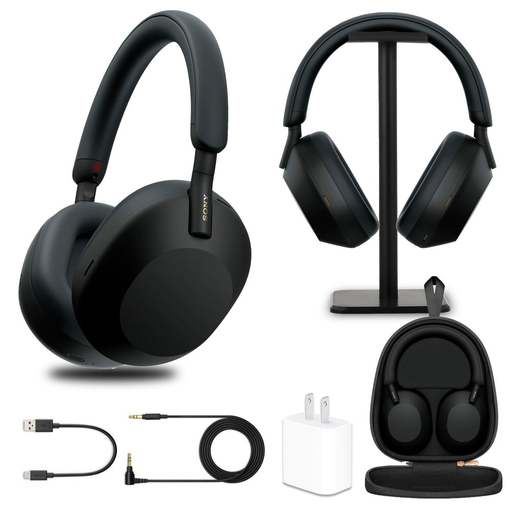 Sony WH-1000XM5 Wireless Noise Canceling Headphones with Auto Noise Canceling Optimizer, Crystal Clear Hands-Free Calling, and Voice Control, Black (WH1000XM5/B) + Headphone Stand + USB Adapter