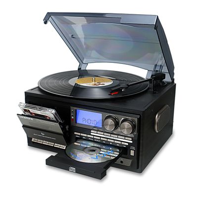 LoopTone Vinyl Record Player 10 in 1 3 Speed Bluetooth Vintage Turntable CD Cassette Player AM/FM Radio USB Recorder Aux-in RCA Line-Out (Black-Grey)