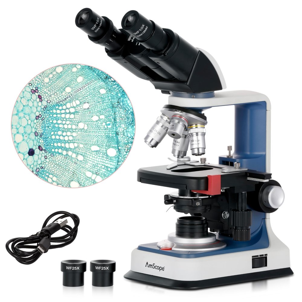 AmScope B120C-R 40X-2500X USB-C Rechargeable Battery-Powered Student Binocular Compound Microscope w/3D Two-Layer Mechanical Stage, Achromatic Objectives, & LED Illuminator