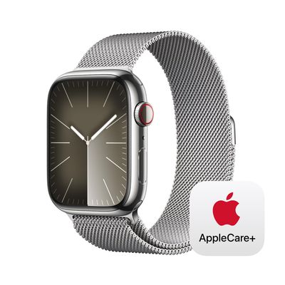 Apple Watch Series 9 [GPS + Cellular 45mm] Smartwatch with Silver Stainless Steel Case with Silver Milanese Loop with AppleCare+ (2 Years)