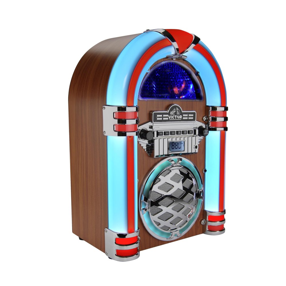 VICTOR Wilshire Desktop Bluetooth Jukebox with FM Radio, Built-in Stereo Speaker and Multicolor LED Lighting, Mahogany (VDTJ-1450-MH)