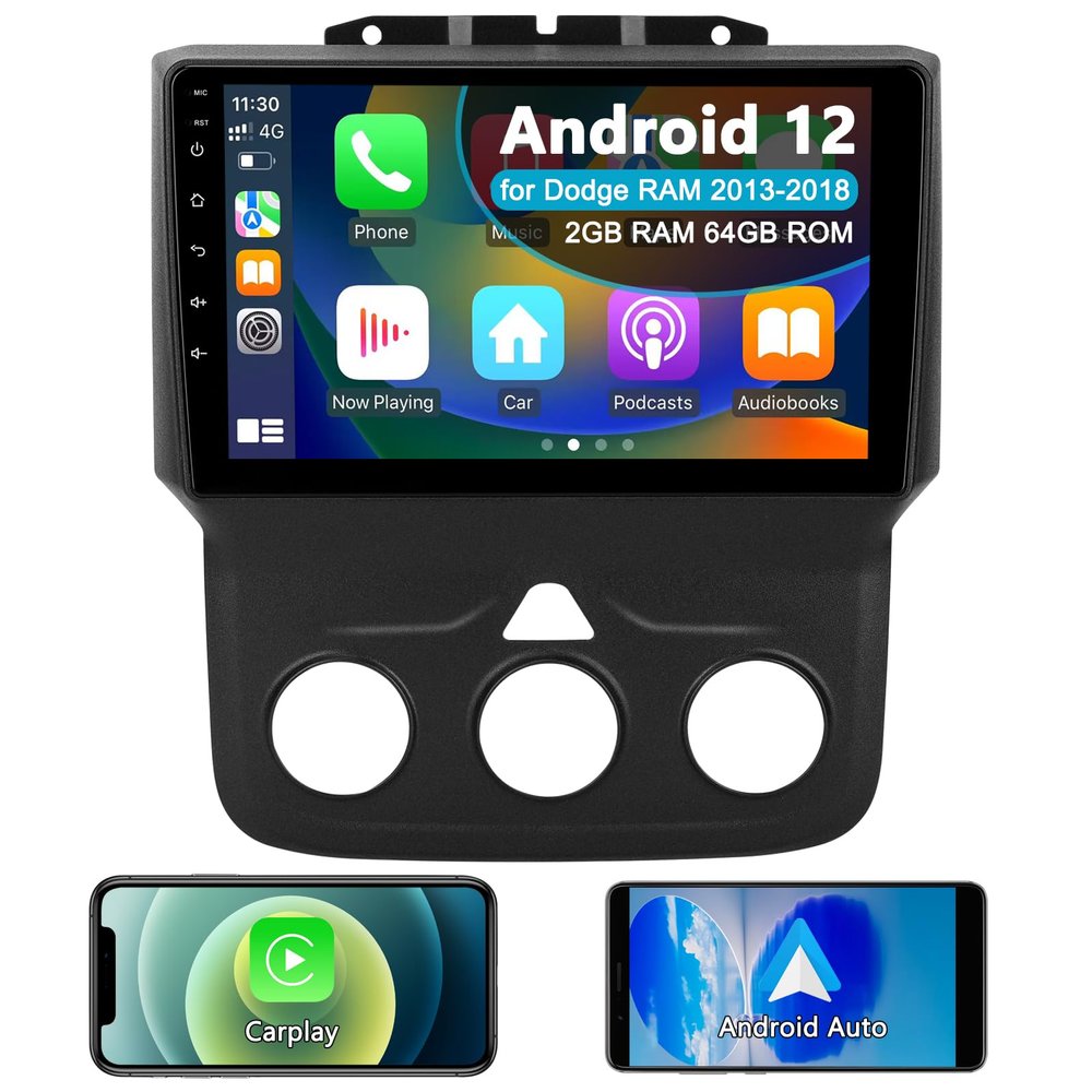 Car Stereo Radio for Dodge RAM 1500 2500 3500, Android 12 Head Unit for 2013 2014 2015 2016 2017 2018 Ram, 9 inch IPS Touch Screen with Wireless Carplay/Android Auto, Bluetooth (for Manual AC Only)