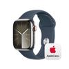 Apple Watch Series 9 [GPS + Cellular 41mm] Smartwatch with Silver Stainless Steel Case with Storm Blue Sport Band M/L with AppleCare+ (2 Years) view 1