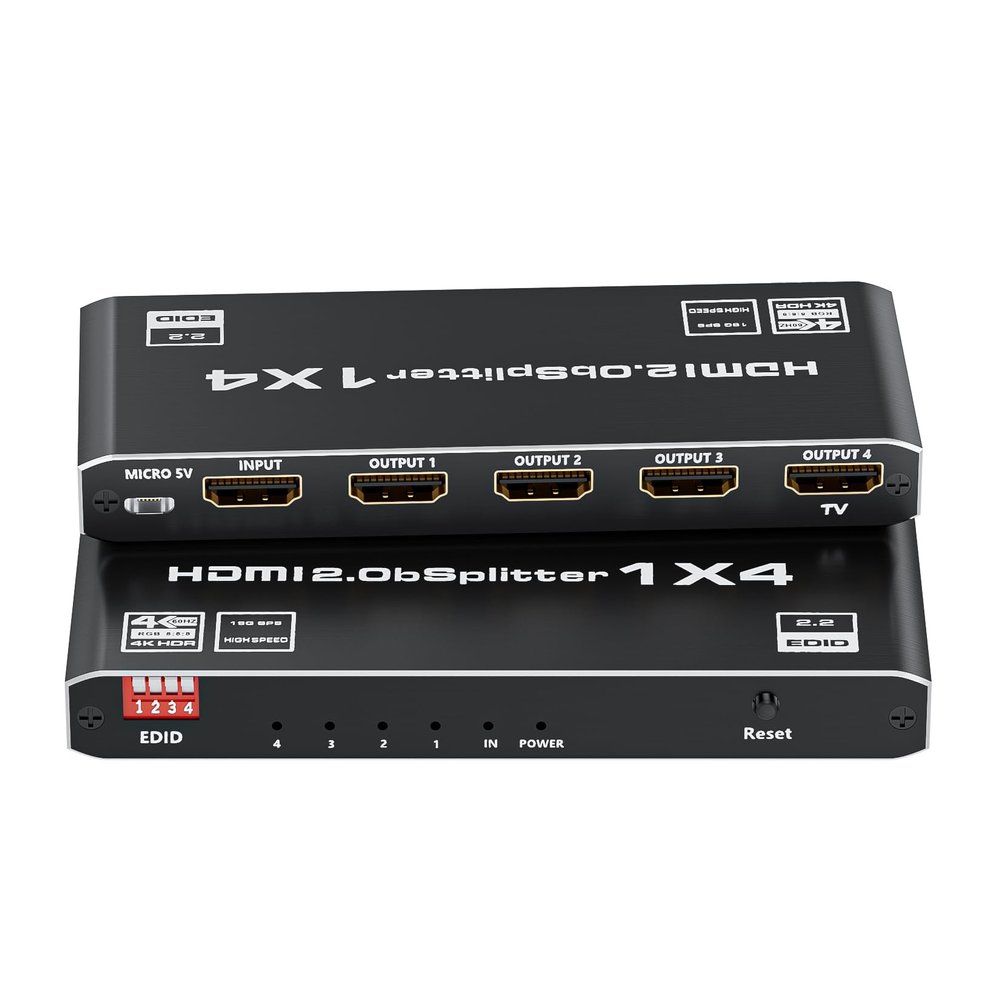 HDMI 2.0 Splitter 1 in 4 Out, LUKFOCAB 1x4 HDMI Splitter 4K@60Hz 8:8:8 HDR, HDMI 2.0, HDCP 2.2, 18Gbps, Auto EDID, Supports UHD 3D D-o-l-b-y 4 Ports Mirror Mode and Multichannel Audio Streams