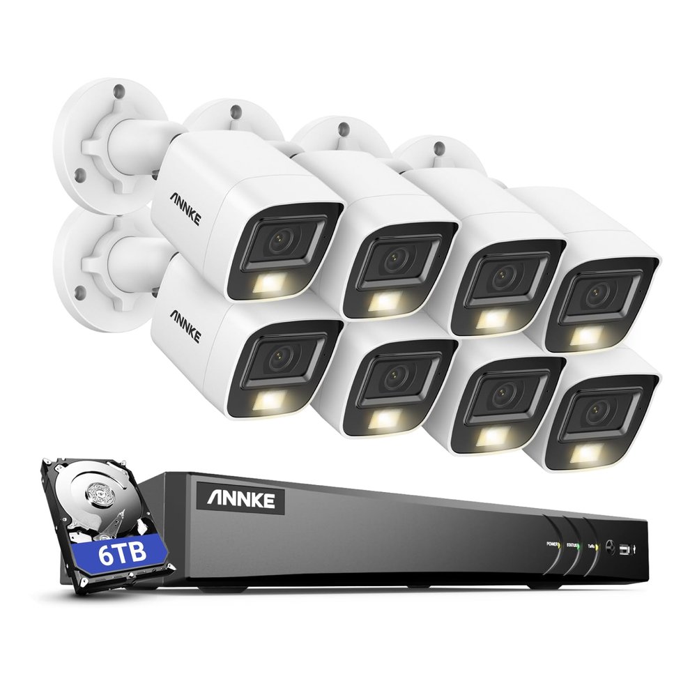 ANNKE 8CH Security Camera System, H.265+ 5-in-1 4K DVR Recorder with AI Human/Vehicle Detection, 8X 3K IP67 CCTV Bullet White Cams with Smart Dual Light, Built-in Mic, Work with Alexa, 6TB Hard Drive