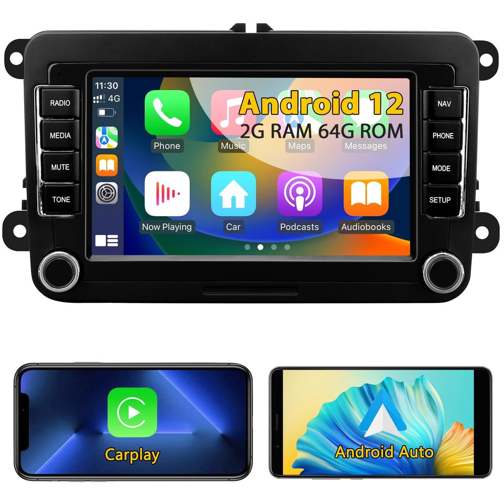 Android 12 Car Stereo with Wireless Carplay Android Auto for Volkswagen Beetle Tiguan Passat Golf Polo Jetta Skoda Seat, 7 Inch Car Radio Touchscreen Head Unit with GPS Navigation WiFi Bluetooth FM