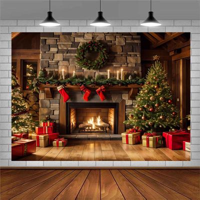 EMTOBT 8x8ft Christmas Fireplace Theme Backdrops Indoor Glitter Merry Xmas Trees Gifts Interior Vintage Xmas Stockings Photography Background Kid Birthday Baby Shower Photo Shoot Booth Props BJZYEM381