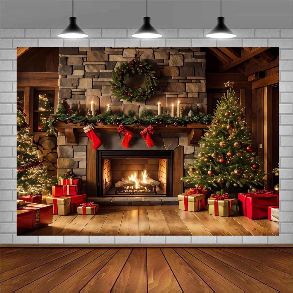 EMTOBT 8x8ft Christmas Fireplace Theme Backdrops Indoor Glitter Merry Xmas Trees Gifts Interior Vintage Xmas Stockings Photography Background Kid Birthday Baby Shower Photo Shoot Booth Props BJZYEM381