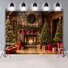 EMTOBT 8x8ft Christmas Fireplace Theme Backdrops Indoor Glitter Merry Xmas Trees Gifts Interior Vintage Xmas Stockings Photography Background Kid Birthday Baby Shower Photo Shoot Booth Props BJZYEM381 view 2
