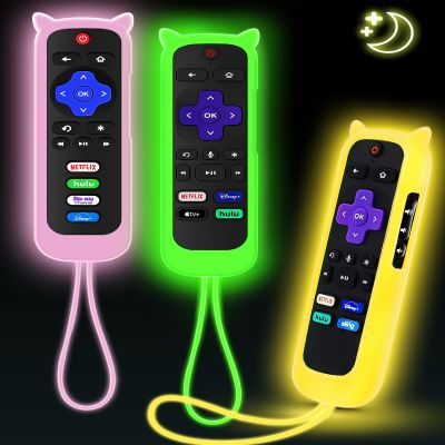3Pcs Cover for Roku Remote with Cat Ears Design, Silicone Skin Case Compatible with Hisense/TCL Roku TV, Steaming Stick/Express, Universal Replacement Controller. Glow in The Dark Green Yellow Pink