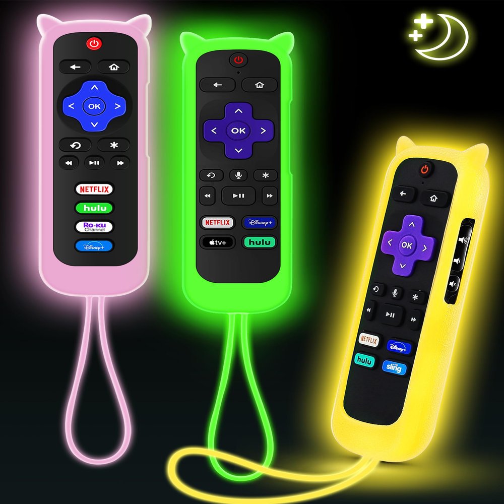 3Pcs Cover for Roku Remote with Cat Ears Design, Silicone Skin Case Compatible with Hisense/TCL Roku TV, Steaming Stick/Express, Universal Replacement Controller. Glow in The Dark Green Yellow Pink