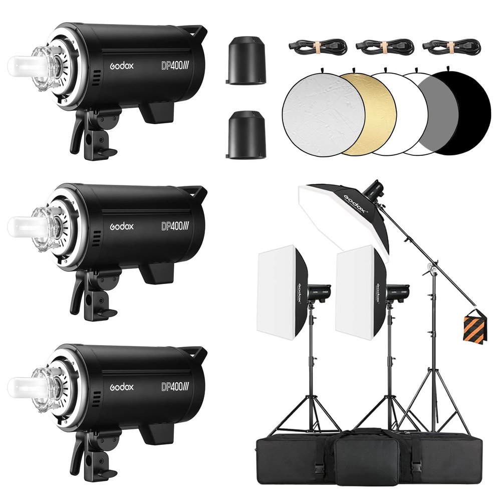 Godox 3Pack DP400III 1200W Studio Strobe Flash Lighting Kit with 3* Light Stand 3* Grid Softbox 1 * 5-in-1 Reflector 1* Bag for Portrait Photography Studio Shooting
