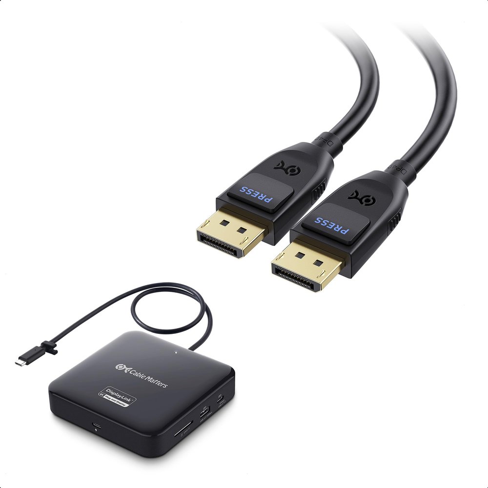 Cable Matters 7-in-1 4K 60Hz USB C DisplayLink Dock with Dual DisplayPort, Gigabit Ethernet, 10Gbps USB, SD Reader, 100W PD & VESA Certified DisplayPort 2.1 Cable 2m/6.6ft