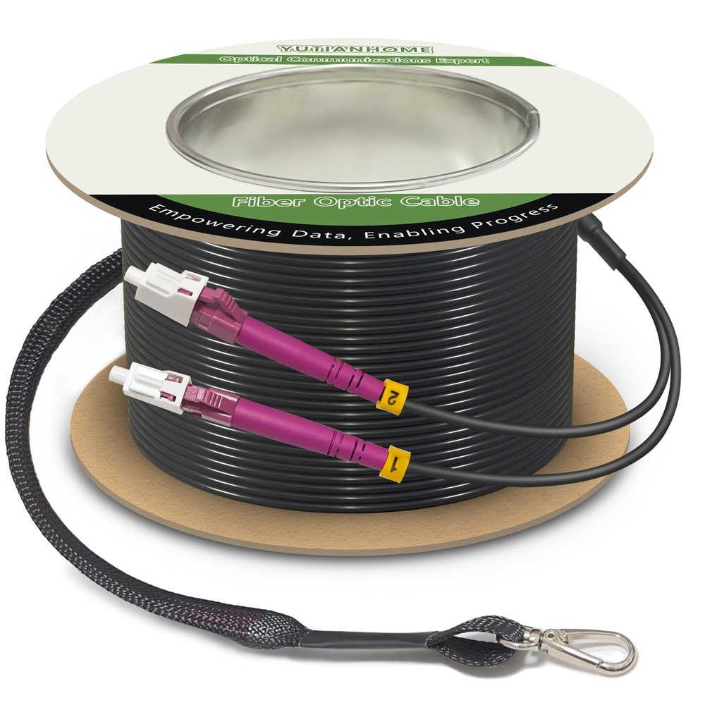 1000 Feet (300 Meters) Armored OM4 LC to LC Fiber Patch Cables, 10gb Multimode LC Fiber Optic Cable Indoor/Outdoor with Pulling Eye Kit Installed on one end, Duplex MMF 50/125m LC Jumper, Black