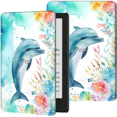 Case for 6.8" Kindle Paperwhite (11th Generation-2021) & Signature Edition PU Leather Slim Smart Cover with Auto Wake/Sleep for Kindle Paperwhite 2021 E-Reader, Cute Dolphin