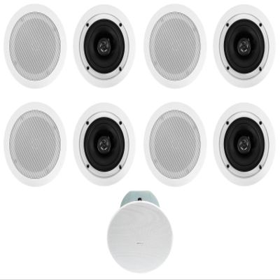 Rockville CC525T White Bundle: (4) Pairs 5.25-in Commercial 70V in-Ceiling Speakers (2.5-20W taps/40W at 8-Ohm), CC8-SUB 8-in 70V in-Ceiling Subwoofer (200W Peak/100W RMS) w/Rough-in Bracket, 5-Items