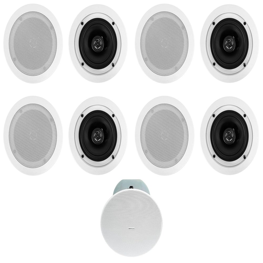 Rockville CC525T White Bundle: (4) Pairs 5.25-in Commercial 70V in-Ceiling Speakers (2.5-20W taps/40W at 8-Ohm), CC8-SUB 8-in 70V in-Ceiling Subwoofer (200W Peak/100W RMS) w/Rough-in Bracket, 5-Items