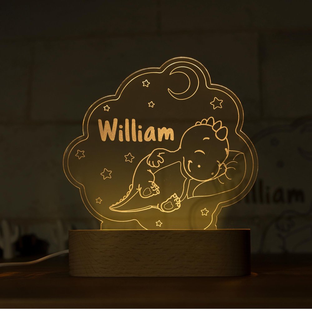 Night Light for Kids Room Personalized, Nursery Room Decor, Custom W/Name, Bedside Lamp, Birthday Gifts for Boys and Girls, Dinosaur