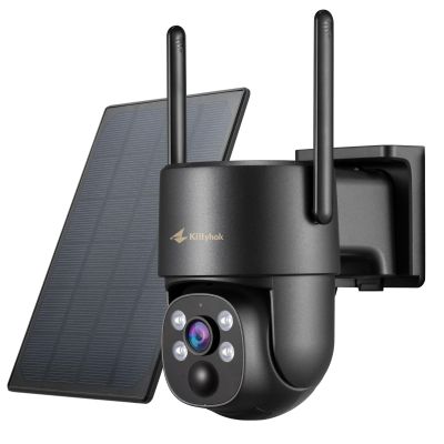 Kittyhok Solar Camera Security Outdoor | 2k Black Wireless Security Camera Outdoor, Solar Powered, 360 Viewing, Human Detection, Spotlight for Home Security, Local Storage