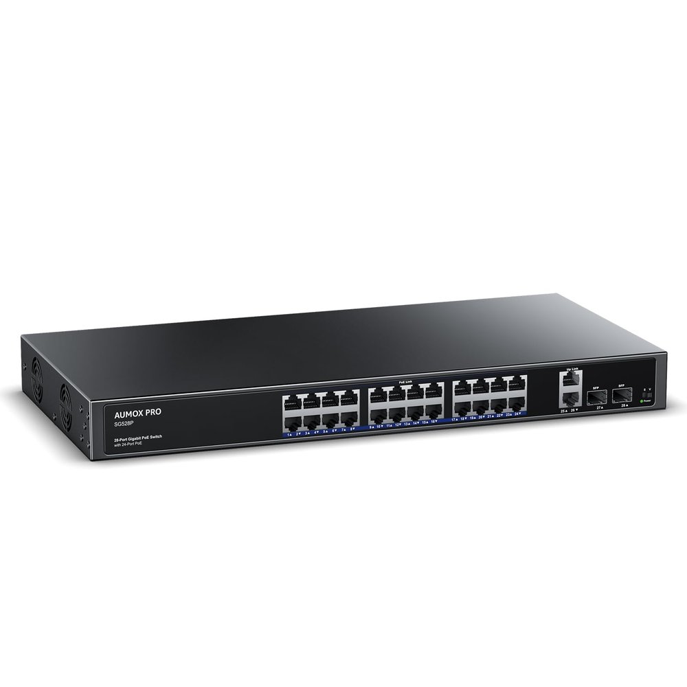 24 Port Gigabit PoE Switch,AUMOX PRO 28 Port PoE with 2 x Uplink Gigabit Ports, 2 x 1G SFP Slots 400W SG528P ,Plug and Play,Metal Case Desktop, Wall Mount or Rackmount Network Switch,802.3af/at