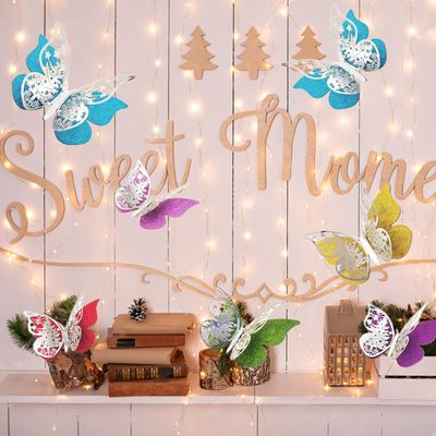 12Pcs Christmas Wall Decals 3D Butterfly Christmas Trees Wall Stickers Silver Colorful Butterfly Winter Holiday Wall Decorations Designs Christmas Party Supplies for Home Window Door Wall Room Decor