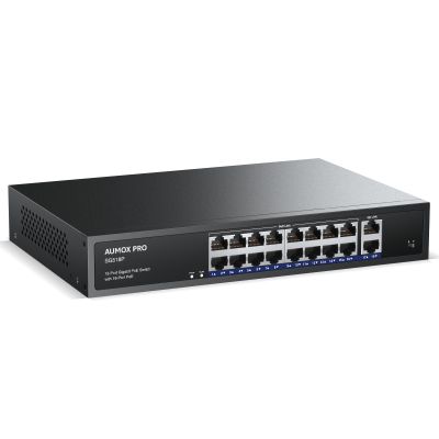 16 Port Gigabit PoE Switch,AUMOX PRO SG518P 18 Ethernet Unmanaged PoE with 2 Gigabit Uplink 250W,Plug and Play,Sturdy Metal Desktop, Wall Mount or Rackmount Network Switch, 802.3af/at Compliant