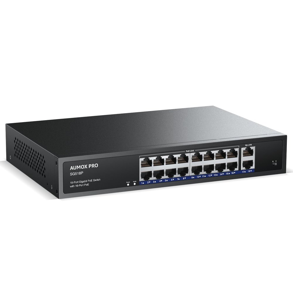 16 Port Gigabit PoE Switch,AUMOX PRO SG518P 18 Ethernet Unmanaged PoE with 2 Gigabit Uplink 250W,Plug and Play,Sturdy Metal Desktop, Wall Mount or Rackmount Network Switch, 802.3af/at Compliant