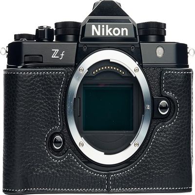 BMAOLLONGB ZF Camera Case, Handmade Genuine Real Leather Half Camera Case Bag Cover for Nikon ZF Camera Bottom Opening Version + Hand Strap (Black)
