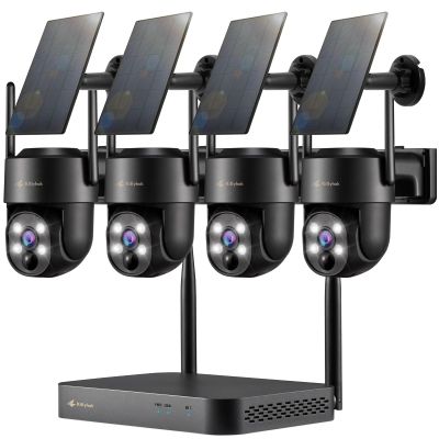 Kittyhok Black Solar Security Cameras Wireless Outdoor System, 5G/2.4G WiFi, 4pcs 2K Ultra Pan/Tilt Home Solar Security Camera with Human Detection, Spotlight, 10CH WiFi-6 NVR, 60 Days Local Storage